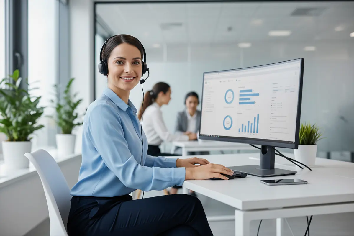 Klantenservice medewerker met headset achter computer in modern kantoor
