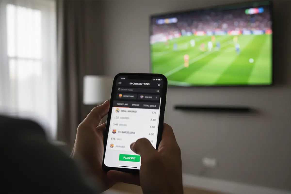 Smartphone met sportweddenschappen app en live voetbalwedstrijd op achtergrond