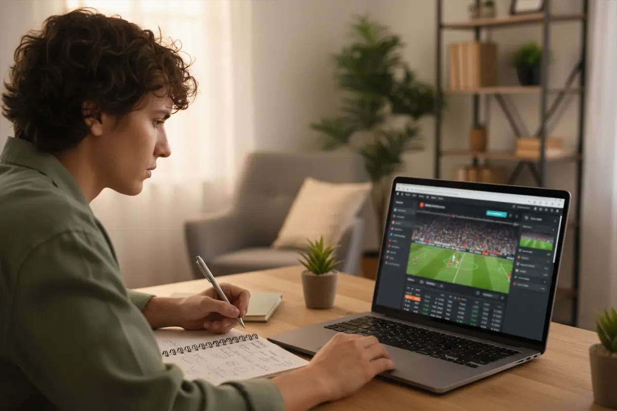 Persoon analyseert sportwedstrijd op laptop met notitieblok