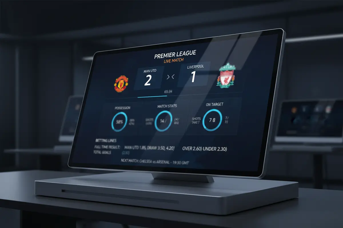 Voetbalstatistieken op digitaal scherm met doelpuntentotalen