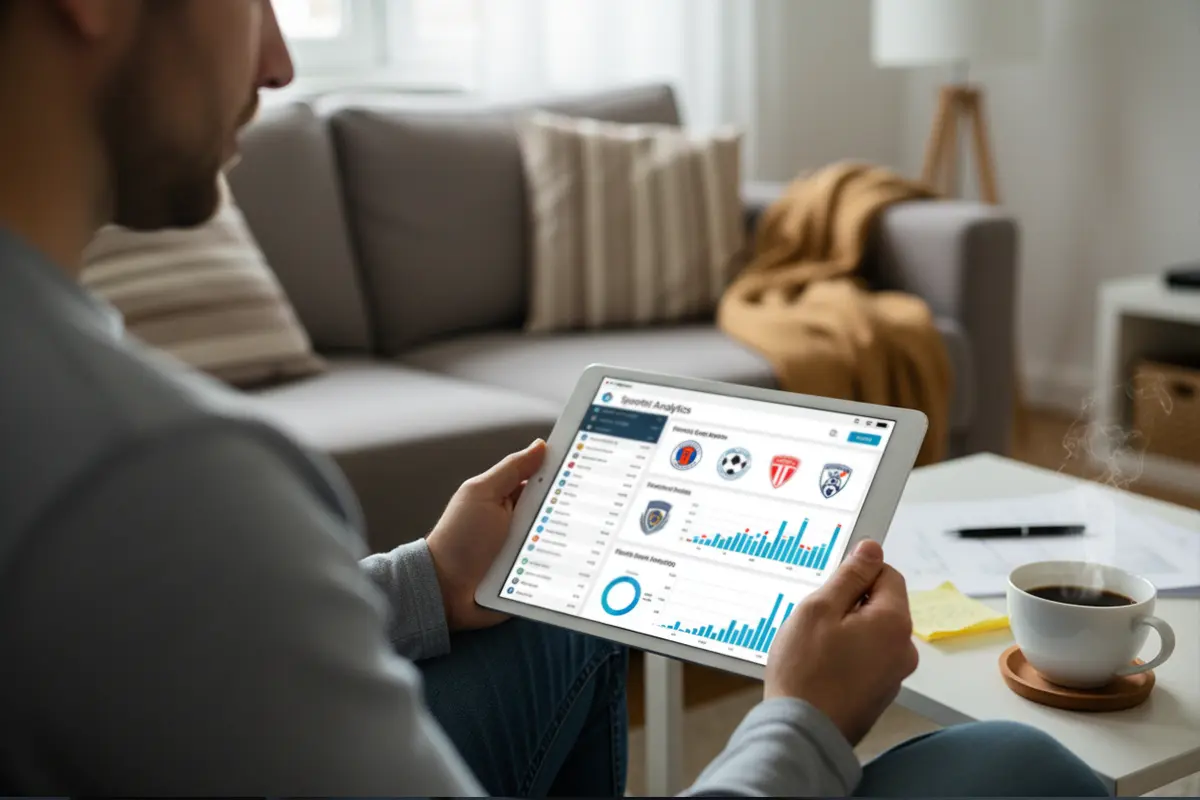 Persoon analyseert voetbalstatistieken op tablet