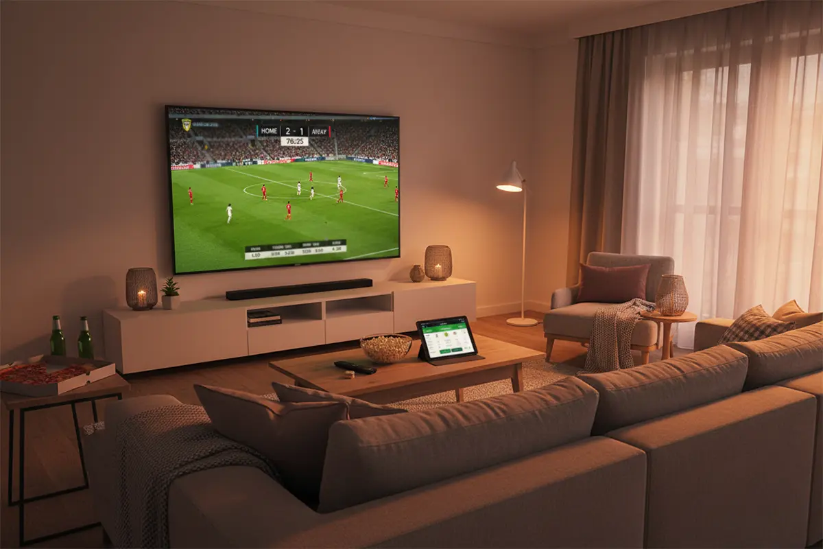 Live voetbalwedstrijd op televisie met real-time score