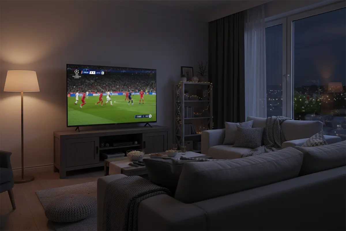 Champions League voetbal op televisie in huiskamer