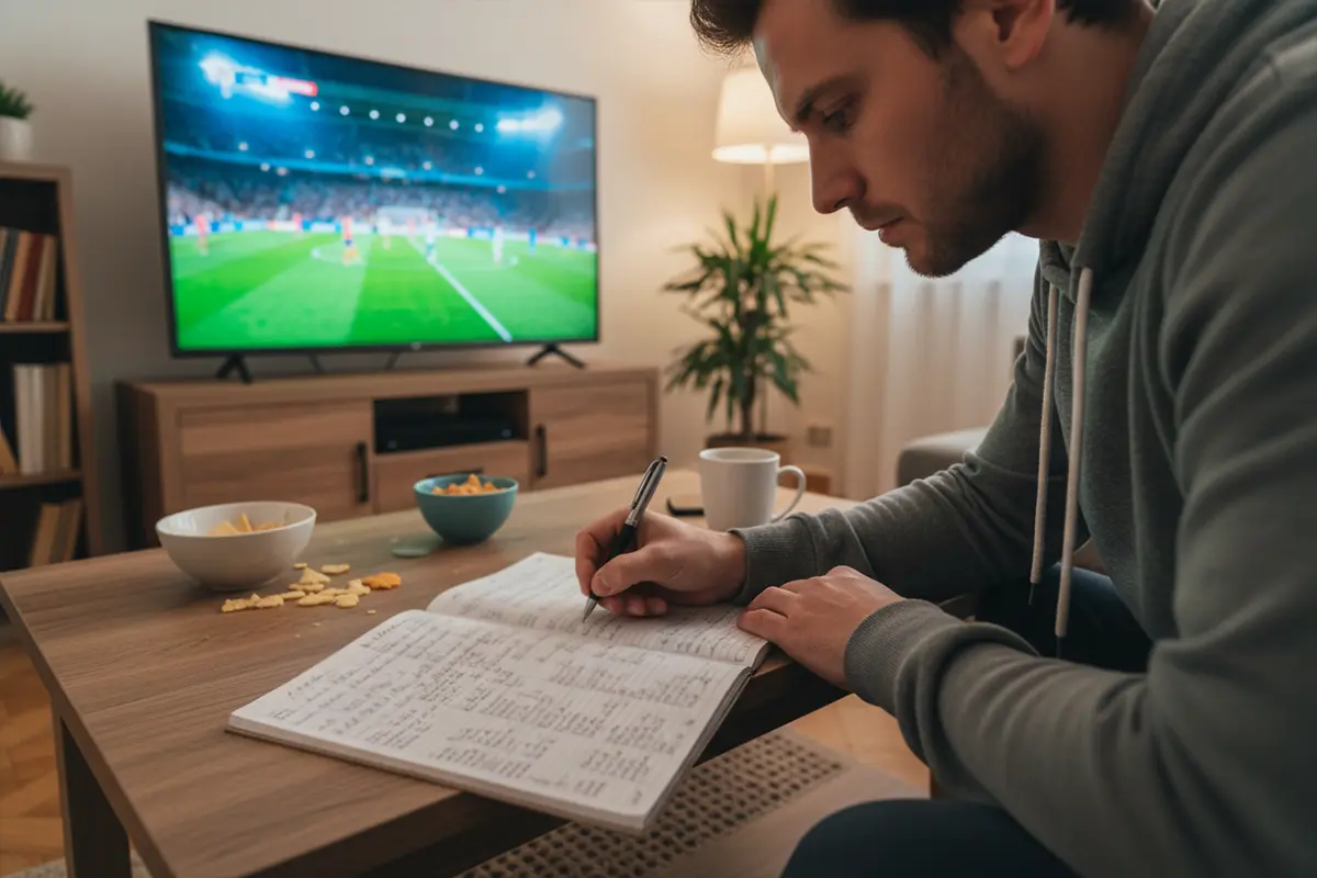 Persoon maakt notities tijdens het kijken naar voetbalwedstrijd
