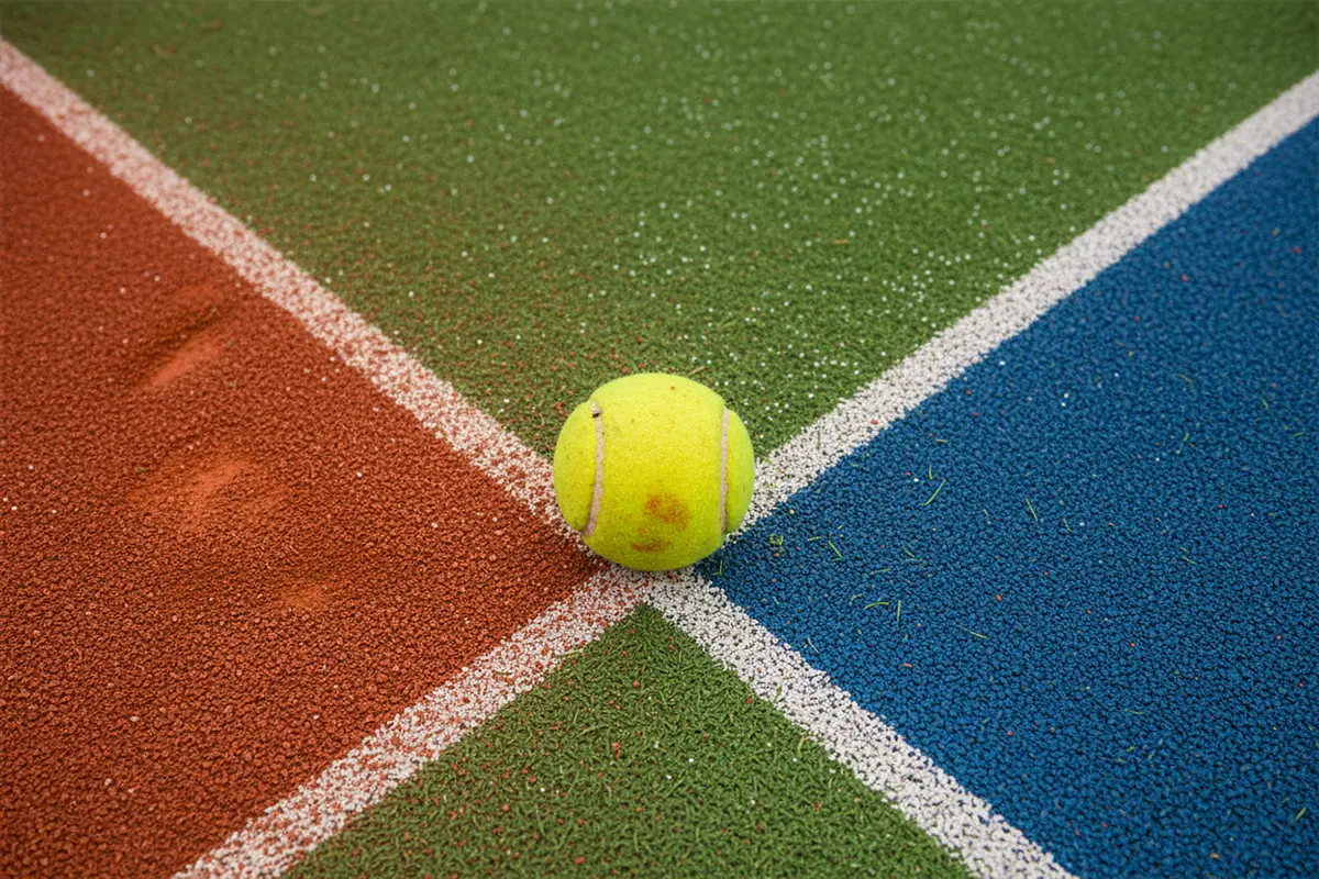 Close-up van tennisbal op verschillende baanoppervlakken
