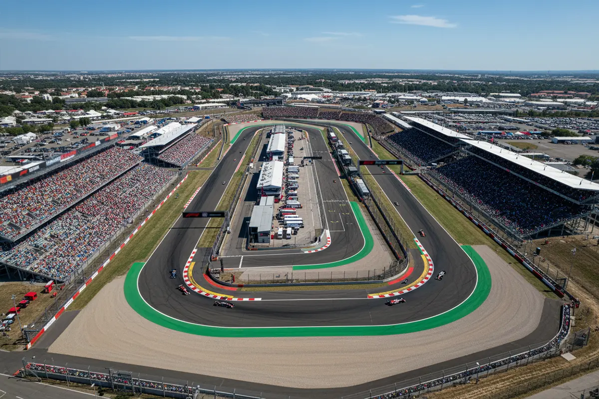 Luchtfoto van Formule 1 circuit met bochten en tribunes