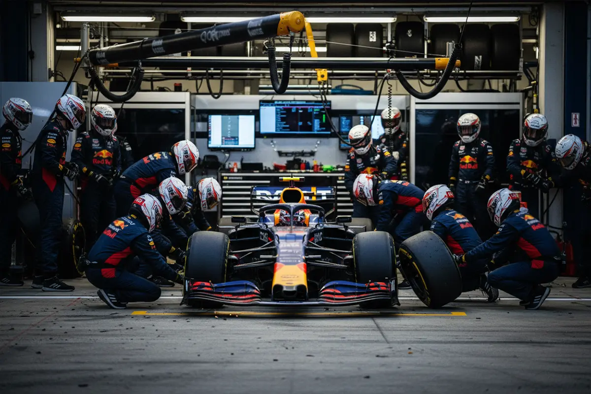 F1 pitstop met monteurs die banden wisselen