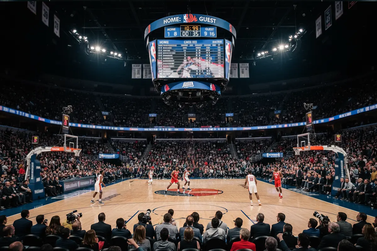 NBA wedstrijd in arena met scorebord en publiek
