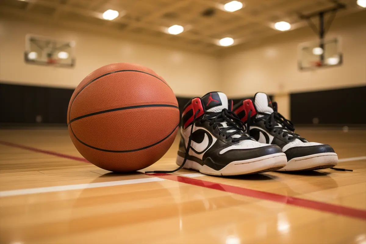 Basketbal en sneakers op indoor court
