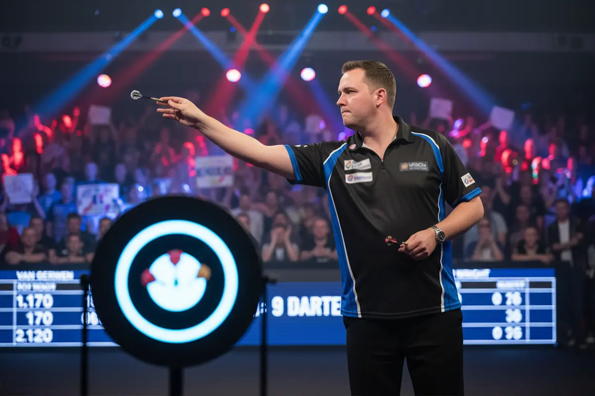 Professionele darter gooit pijl tijdens wedstrijd