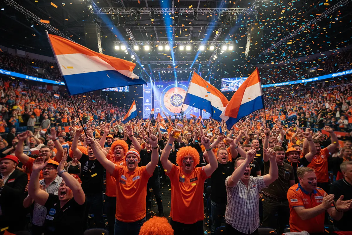 Darts publiek met Nederlandse vlaggen tijdens WK