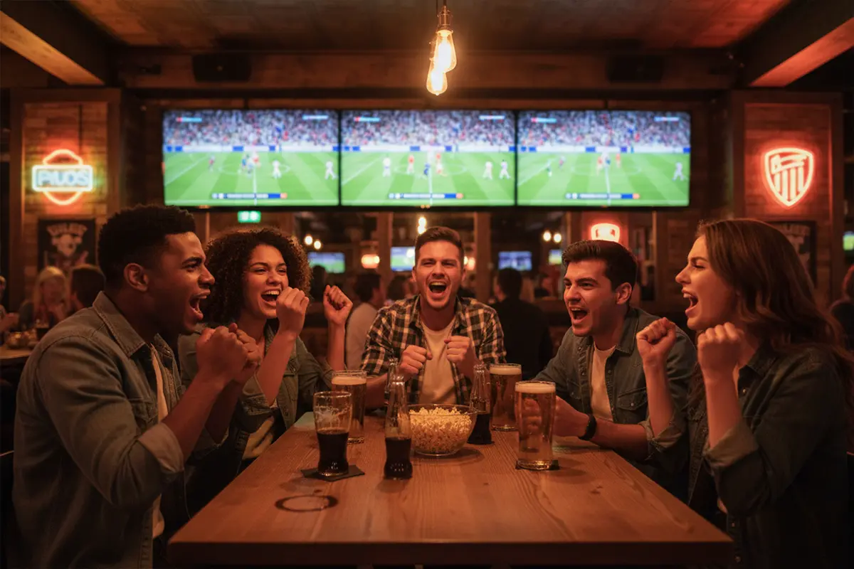 Groep vrienden kijkt samen naar voetbalwedstrijd in sportcafé
