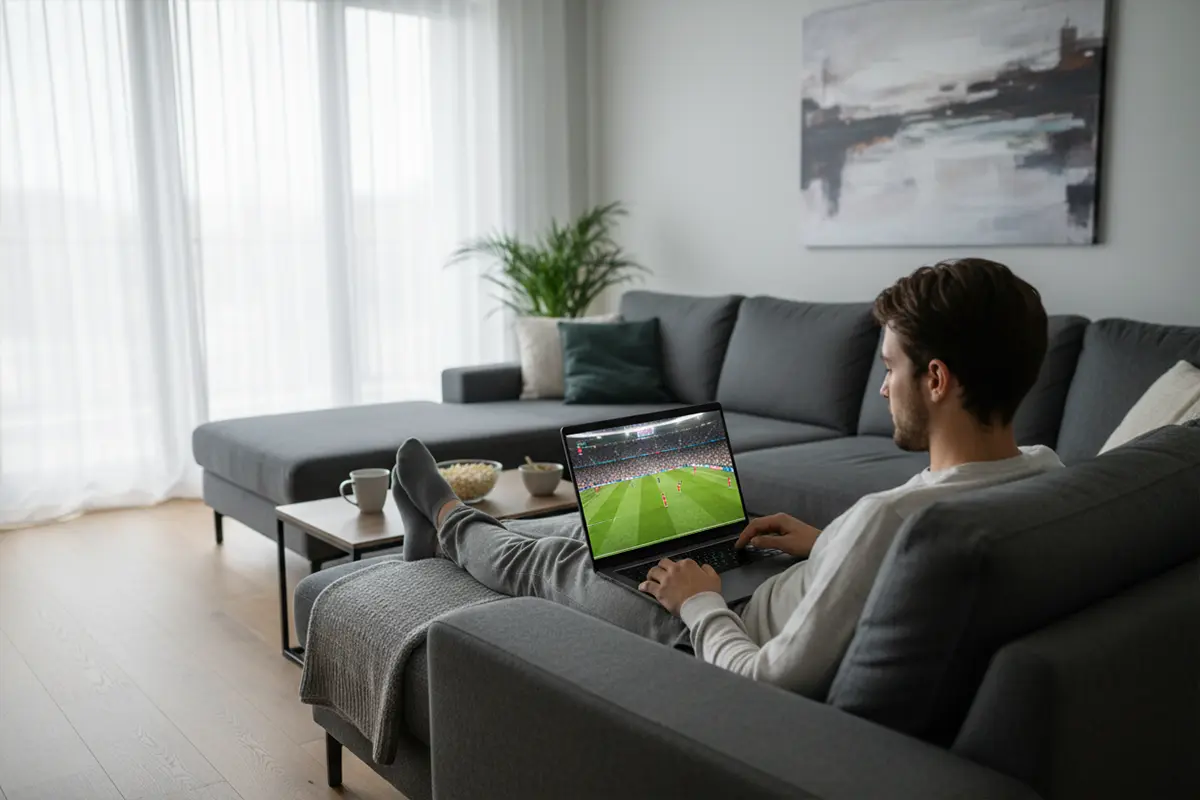 Persoon kijkt naar live sportwedstrijd op laptop in woonkamer
