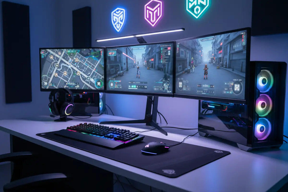 Gaming setup met meerdere monitoren en toetsenbord
