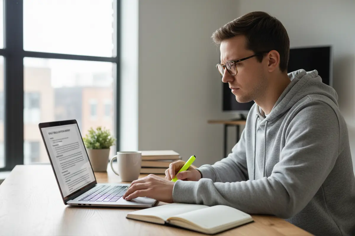 Persoon leest documenten op laptop scherm