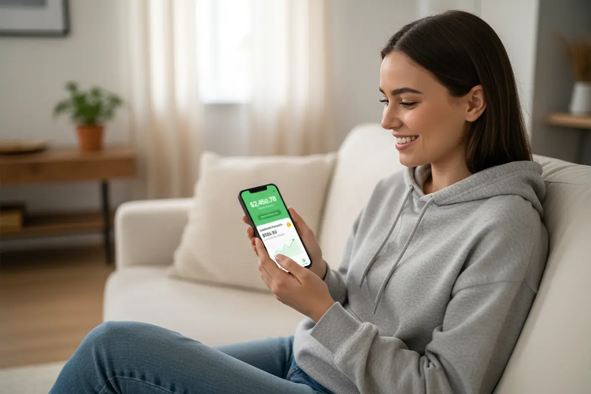 Persoon bekijkt saldo op smartphone