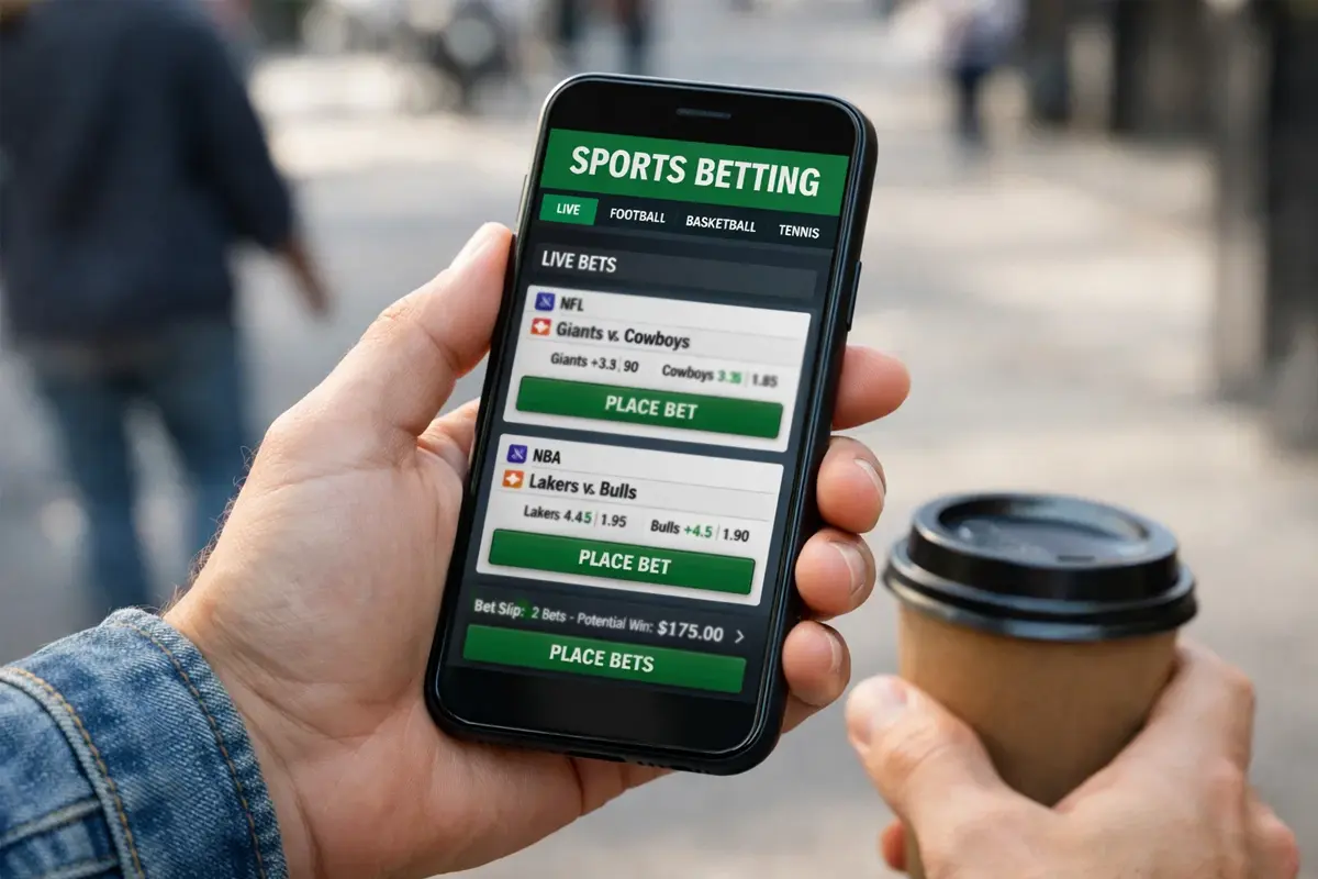 Persoon gebruikt betting app op smartphone onderweg