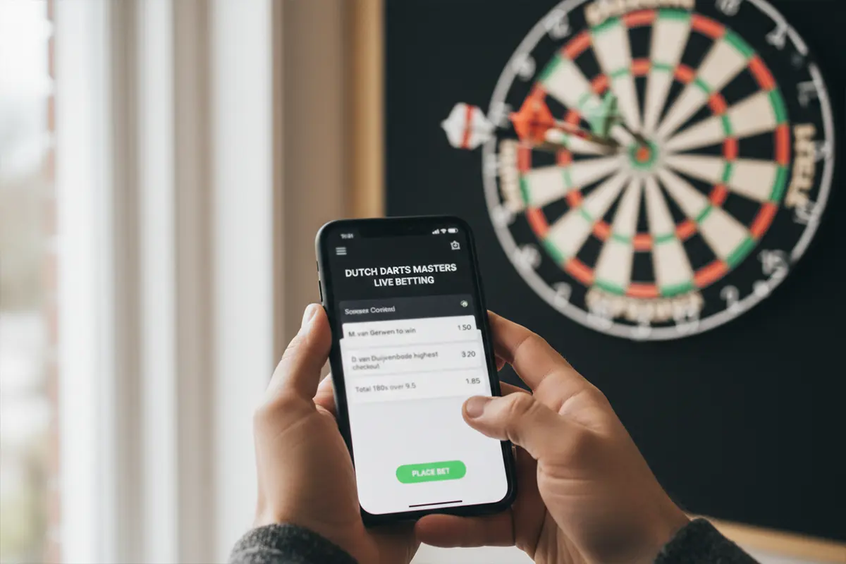 Smartphone met sportweddenschap app en dartbord op achtergrond