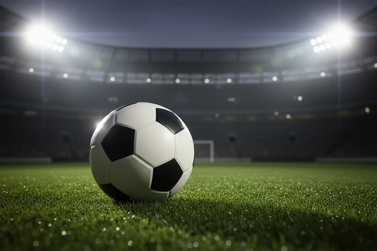 Voetbal op gras met stadionlichten in de achtergrond