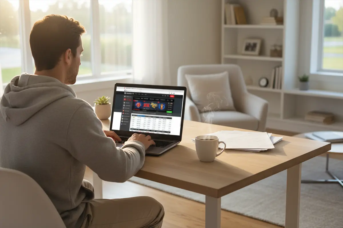 Persoon bekijkt sportweddenschappen op laptop met koffie