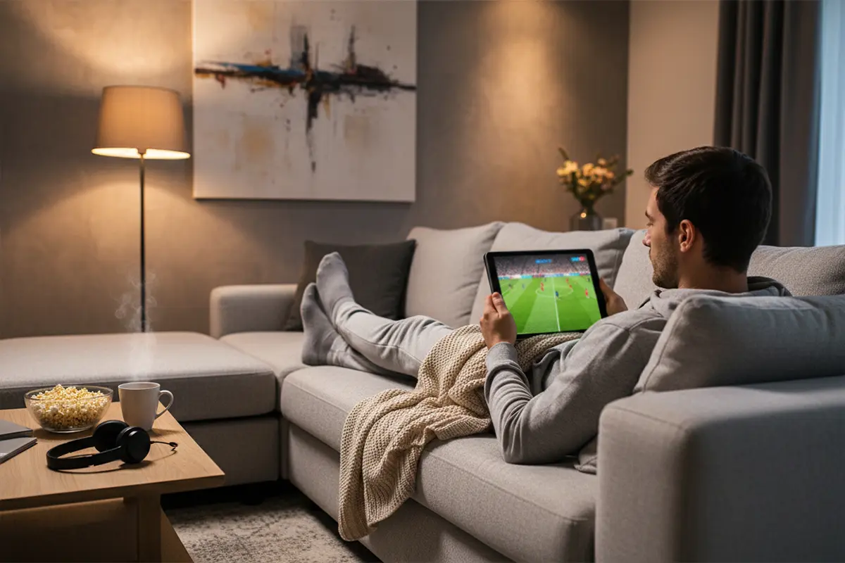 Persoon kijkt naar live voetbalwedstrijd op tablet in woonkamer