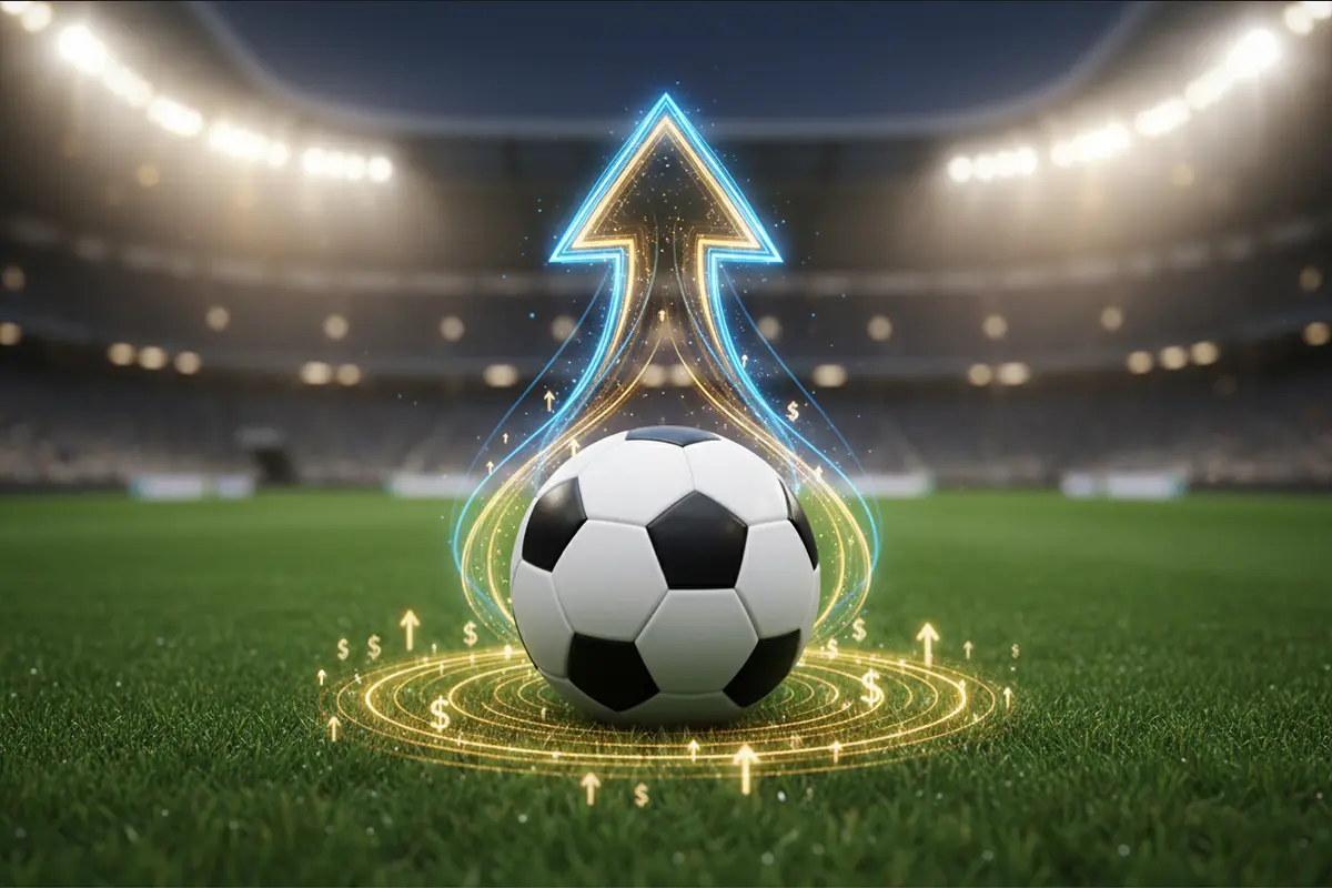 Voetbal op groen veld met verhoogde quotering symbool